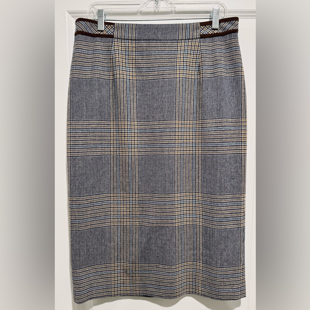 Pendleton Women's Wool Plaid Pencil Skirt in Blue and Mustard with Suede Trim‎